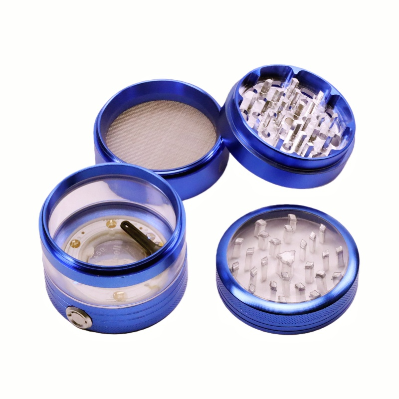 Led Weed Grinder Clear Cut 4 Piece Diamond-Sharp Teeth Aluminum Alloy Portable Easy-Clean Design Herb Grinder Spice Mill with Transparent Storage Chamber for Weed
