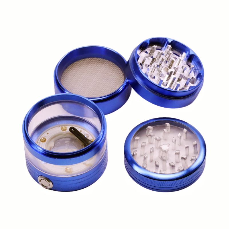 Led Weed Grinder Clear Cut 4 Piece Diamond-Sharp Teeth Aluminum Alloy Portable Easy-Clean Design Herb Grinder Spice Mill with Transparent Storage Chamber for Weed