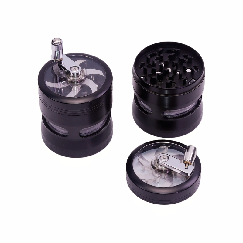 2.4 Inches Red Hand Crank Herb Grinder with Clear Top And Visible Chamber Visible Grinding Process Herb Mill with Handle Black Zinc Weed Grinder