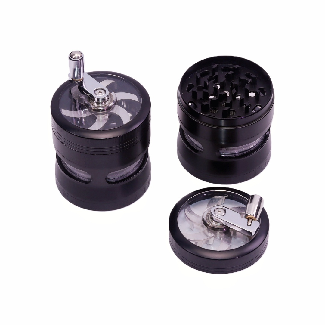 2.4 Inches Red Hand Crank Herb Grinder with Clear Top And Visible Chamber Visible Grinding Process Herb Mill with Handle Black Zinc Weed Grinder