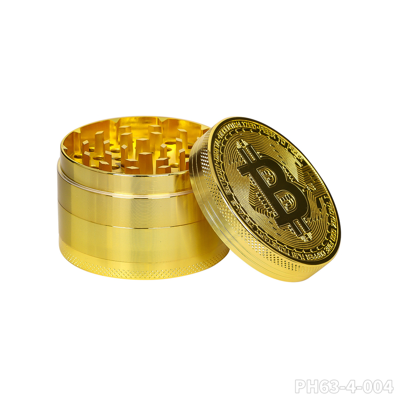 Wholesale BTC Coin Pattern Metal Tobacco Grinder customized 4-Layer Gold Zinc Alloy Metal