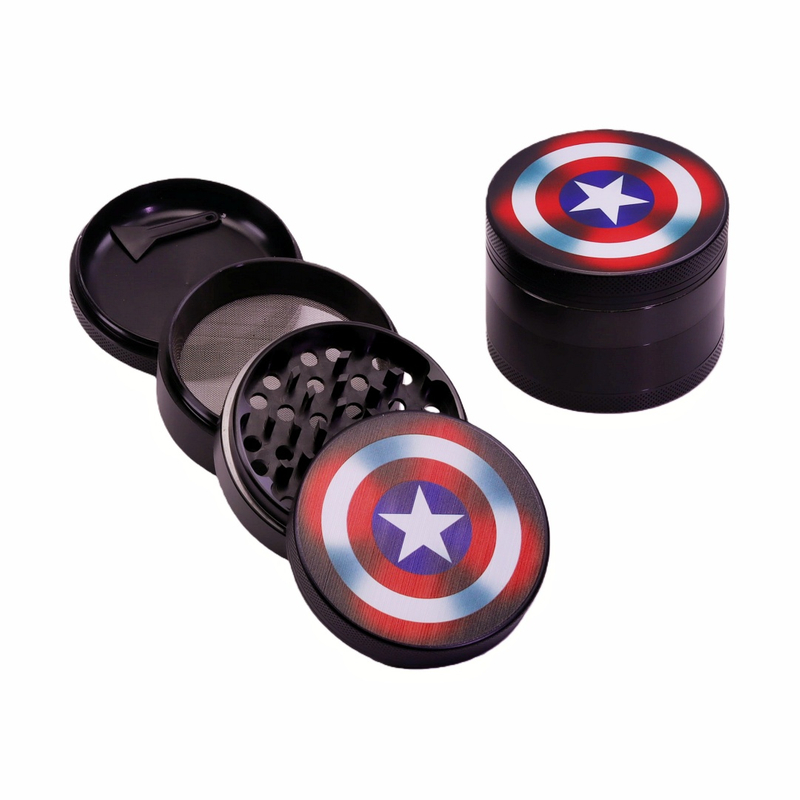 4 Layer Aluminum Alloy Spice Grinder with Kief Catcher for Marvel Fans Captain America UV Print Herb Grinder UV Printed Captain America Shield Grinder for Weed