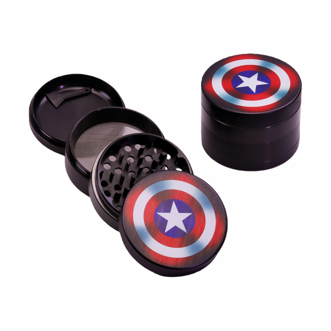 4 Layer Aluminum Alloy Spice Grinder with Kief Catcher for Marvel Fans Captain America UV Print Herb Grinder UV Printed Captain America Shield Grinder for Weed