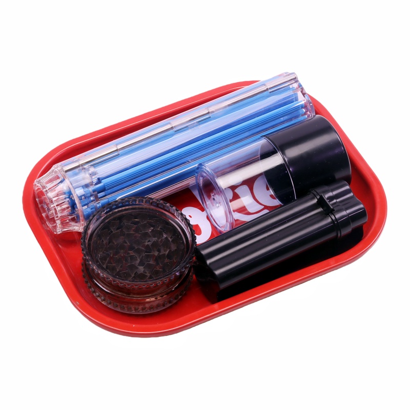 5 Pack Smoking Gear Kit Red Cookies Rolling Tray Air Tight Jar 3 Parts Plastic Herb Grinder Rolling Paper Container Premium Smoking Gear