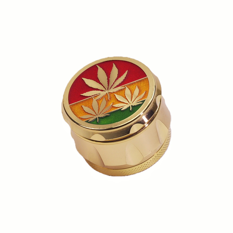2" 4-Chamber Zinc Alloy Drum Grinder with Hemp Leaf Design Gold Drum Herb Grinder 4-Layer Colored Enamel Finish Cannabis Leaf Pattern 4-Piece Zinc Alloy Spice Crusher