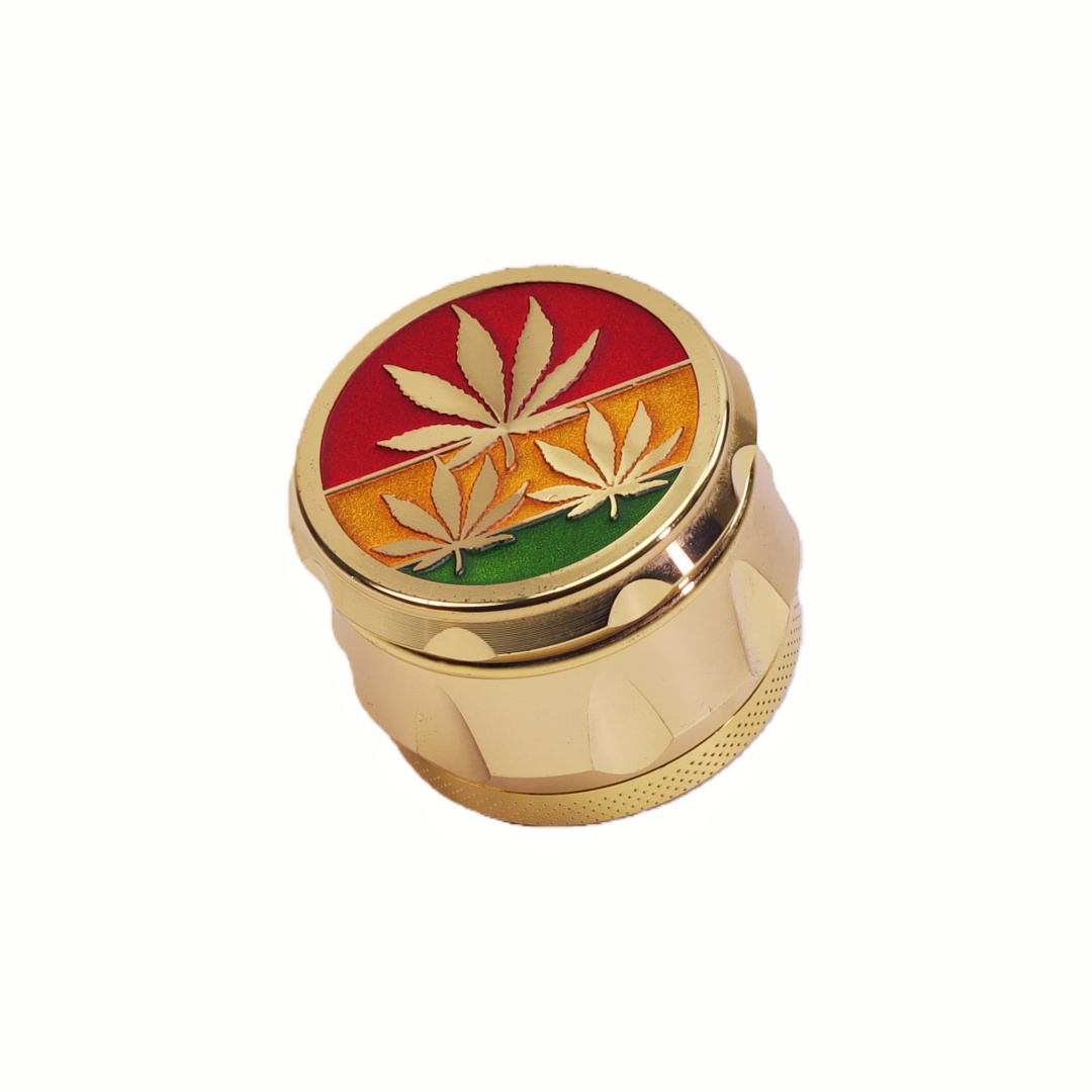 2" 4-Chamber Zinc Alloy Drum Grinder with Hemp Leaf Design Gold Drum Herb Grinder 4-Layer Colored Enamel Finish Cannabis Leaf Pattern 4-Piece Zinc Alloy Spice Crusher