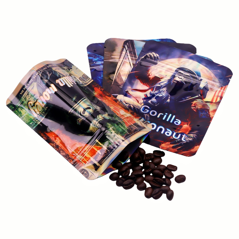 50/100Pack 3.5g Laser Holographic Gorilla Pattern PET Aluminum Coated Stand Up Zipper Pouch 3.5 Gram Gorilla Laser Film Mylar Bag PET Aluminum Foil Stand Up Zipper Pouch Resealable Zipper Pouch