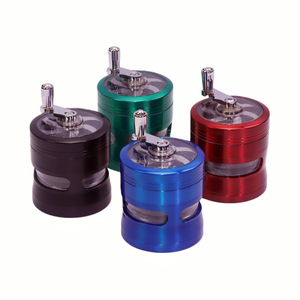 2.4 Inches Red Hand Crank Herb Grinder with Clear Top And Visible Chamber Visible Grinding Process Herb Mill with Handle Black Zinc Weed Grinder