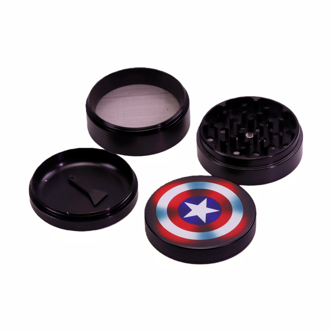 4 Layer Aluminum Alloy Spice Grinder with Kief Catcher for Marvel Fans Captain America UV Print Herb Grinder UV Printed Captain America Shield Grinder for Weed