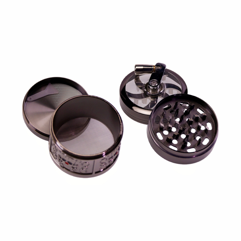 Zinc Alloy 4-layer 2.5 Inch Herb Grinder with 3D Side Embossing Manual Crank Herb Grinder with Stereo Relief Pattern Heavy Duty Zinc Alloy Embossed Herb Grinder Decorative 3D Embossed Herb Grinder