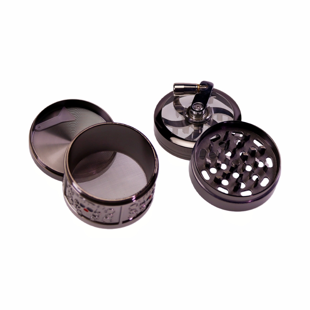 Zinc Alloy 4-layer 2.5 Inch Herb Grinder with 3D Side Embossing Manual Crank Herb Grinder with Stereo Relief Pattern Heavy Duty Zinc Alloy Embossed Herb Grinder Decorative 3D Embossed Herb Grinder