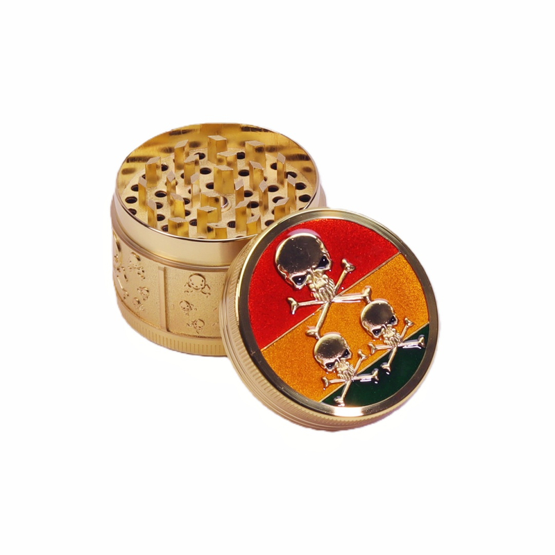 Color Drip Oil Skull Pattern Side Skull Embossment Hidden Removable Plastic Screen Golden Zinc Alloy Grinder Herb Grinder Spice Grinder Zinc Alloy Tobacco Grinder