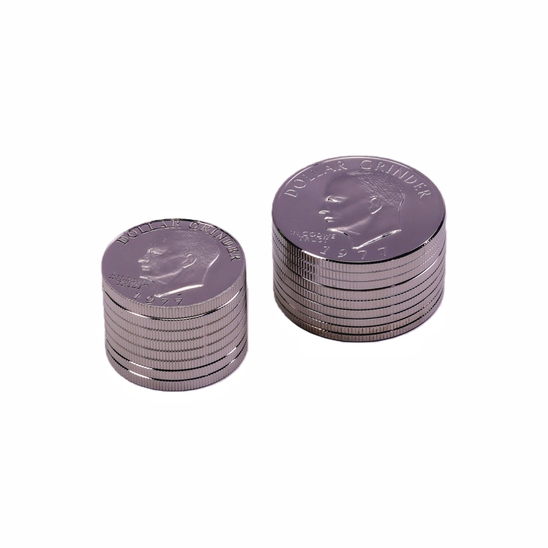 3-Layer Zinc Alloy Dollar Herb Grinder (Small & Large Sizes) 3-Layer Zinc Alloy Dollar Herb Grinder 3-Tier Zinc Alloy Herb Grinder with Dollar Design Small & Large Coin Shaped Weed Grinder