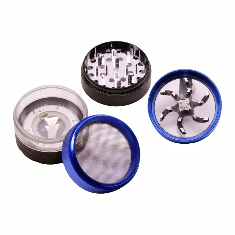 5 Parts 2.2" Clear Top Aluminum Crank Handle Herb Grinder With Color-Changing Led Flashing Led Wave Ring Weed Grinder