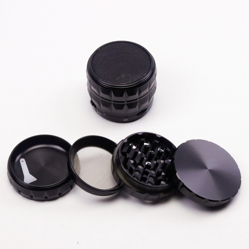 Innovative 5 Parts 2.6" Solid Top Aluminum Speaker Herb Grinder With Hidden Mesh Layer Sound Speaker Weed Grinder For Cannabis