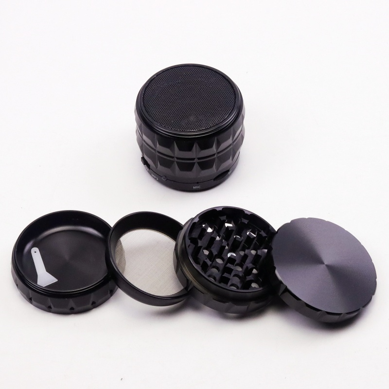 Innovative 5 Parts 2.6" Solid Top Aluminum Speaker Herb Grinder With Hidden Mesh Layer Sound Speaker Weed Grinder For Cannabis