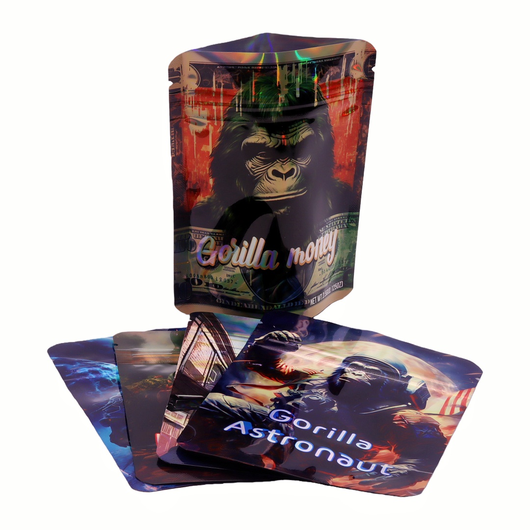 50/100Pack 3.5g Laser Holographic Gorilla Pattern PET Aluminum Coated Stand Up Zipper Pouch 3.5 Gram Gorilla Laser Film Mylar Bag PET Aluminum Foil Stand Up Zipper Pouch Resealable Zipper Pouch