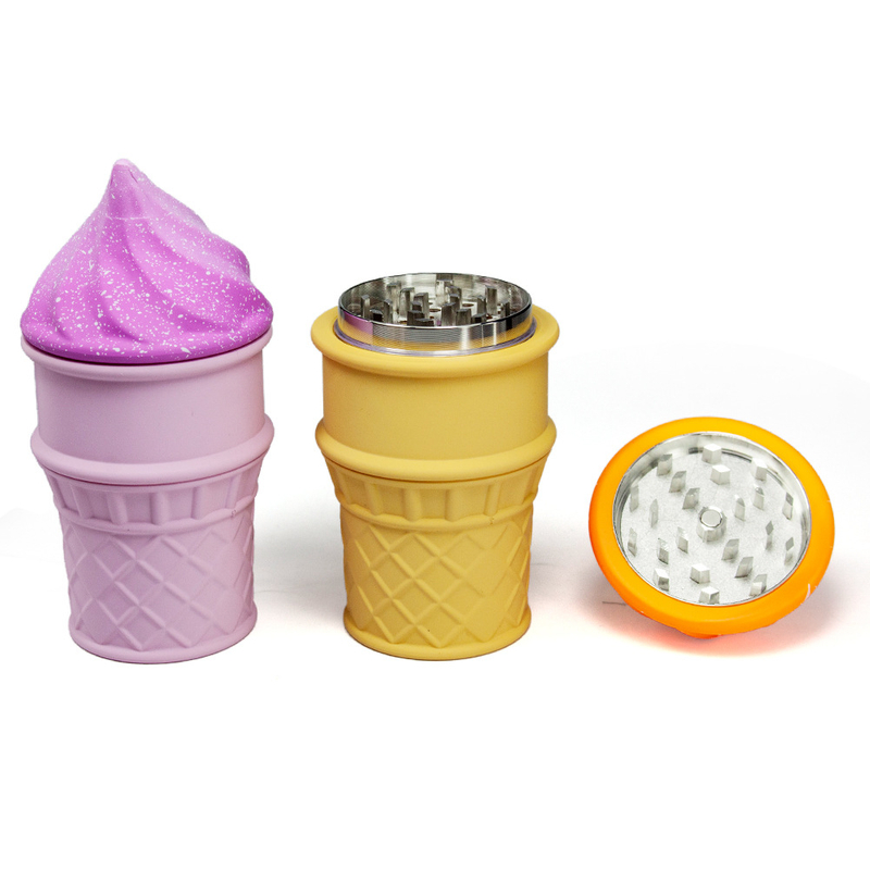 Small Size 4 Parts Big Chamber Ice Cream Cone Shaped Herb Grinders; Multi Color Ice Cream Shaped Spice Grinder