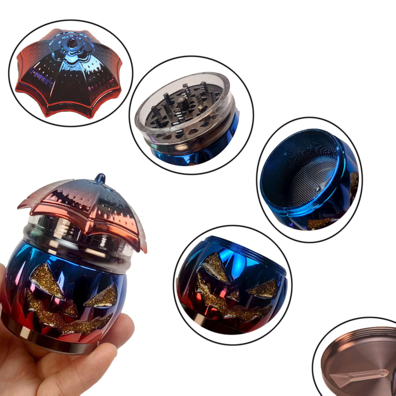 4 Parts Multi Colour Umbrella Shaped Herb Grinder With Shinning Pumpkin ; Halloween Topic Smoking Accessories