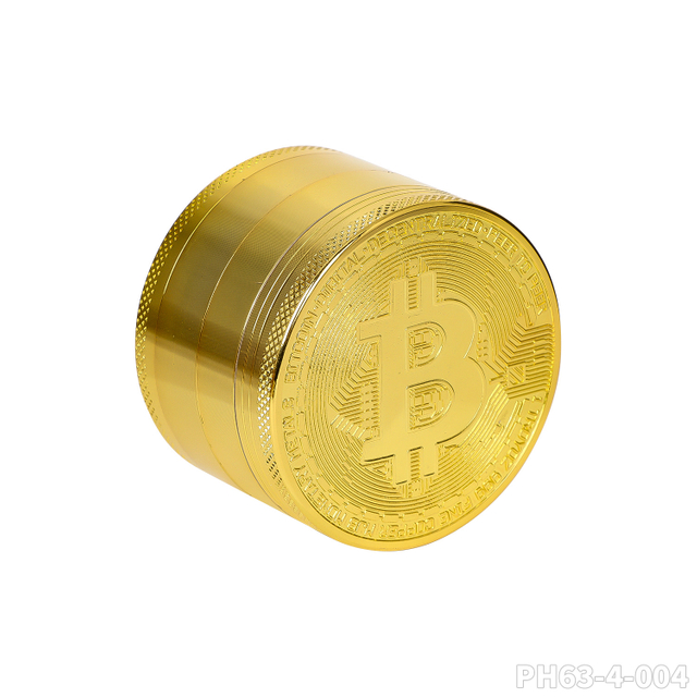 Wholesale BTC Coin Pattern Metal Tobacco Grinder customized 4-Layer Gold Zinc Alloy Metal