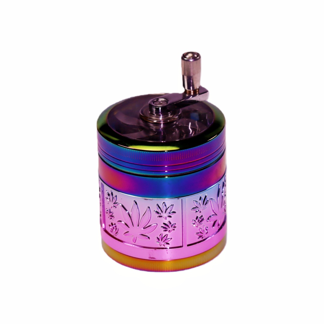 Zinc Alloy 4-layer 2.5 Inch Herb Grinder with 3D Side Embossing Manual Crank Herb Grinder with Stereo Relief Pattern Heavy Duty Zinc Alloy Embossed Herb Grinder Decorative 3D Embossed Herb Grinder