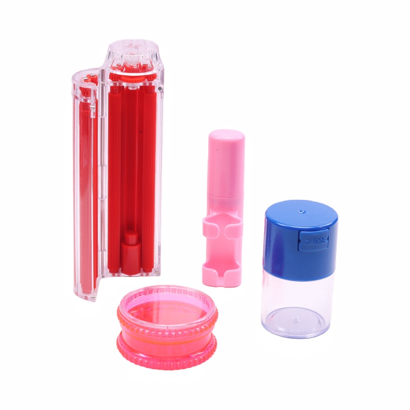 4 Pack Smoking Accessories Kit Multi-fuction Roller for 70mm 78mm 110mm Red Cookies Rolling Tray Air Tight Jar 3 Parts Plastic Herb Grinder Rolling Paper Container Premium Smoking Gear