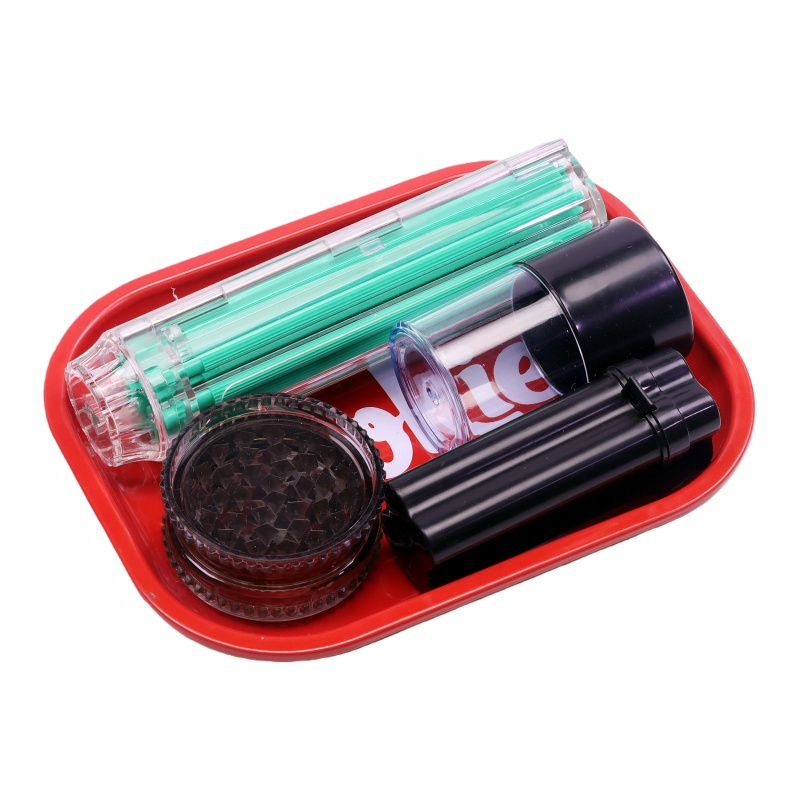 5 Pack Smoking Gear Kit Red Cookies Rolling Tray Air Tight Jar 3 Parts Plastic Herb Grinder Rolling Paper Container Premium Smoking Gear