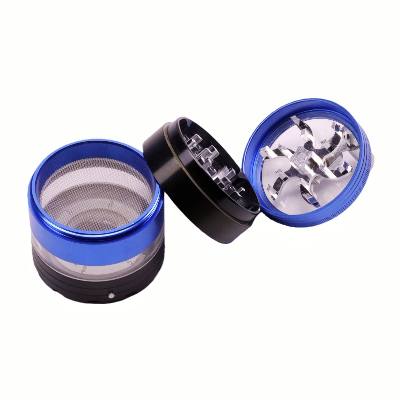 5 Parts 2.2" Clear Top Aluminum Crank Handle Herb Grinder With Color-Changing Led Flashing Led Wave Ring Weed Grinder