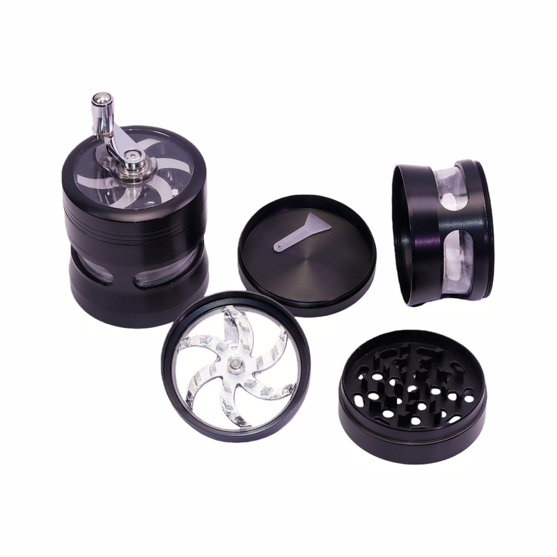 2.4 Inches Red Hand Crank Herb Grinder with Clear Top And Visible Chamber Visible Grinding Process Herb Mill with Handle Black Zinc Weed Grinder