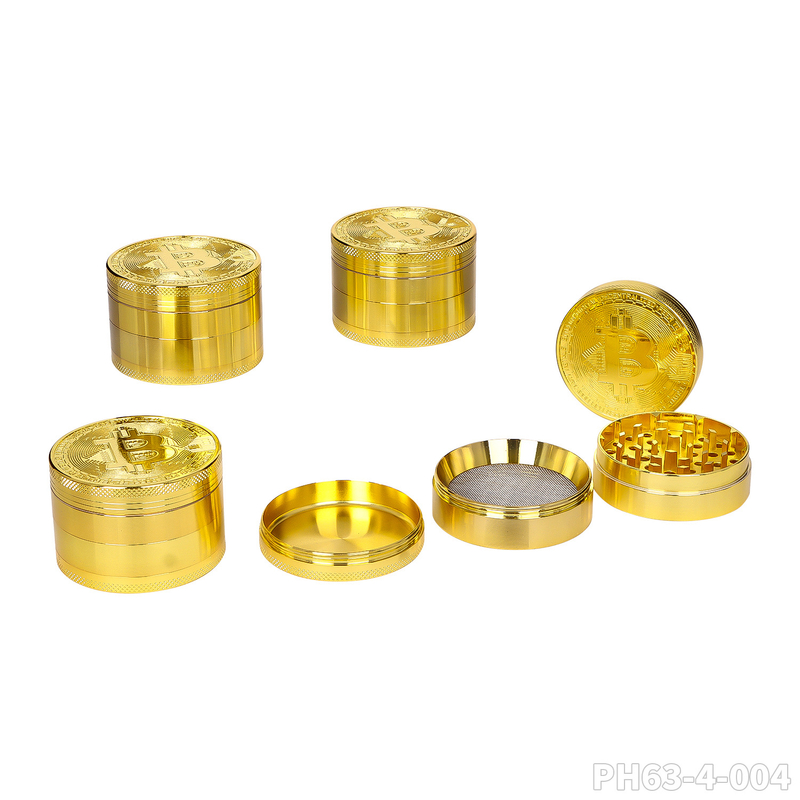 Wholesale BTC Coin Pattern Metal Tobacco Grinder customized 4-Layer Gold Zinc Alloy Metal