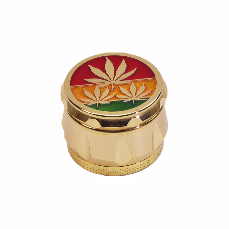 2" 4-Chamber Zinc Alloy Drum Grinder with Hemp Leaf Design Gold Drum Herb Grinder 4-Layer Colored Enamel Finish Cannabis Leaf Pattern 4-Piece Zinc Alloy Spice Crusher