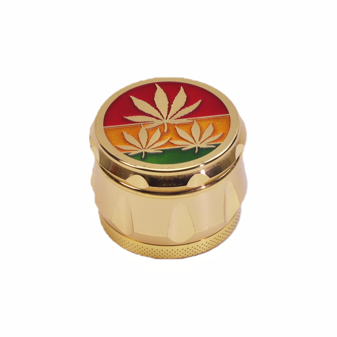 2" 4-Chamber Zinc Alloy Drum Grinder with Hemp Leaf Design Gold Drum Herb Grinder 4-Layer Colored Enamel Finish Cannabis Leaf Pattern 4-Piece Zinc Alloy Spice Crusher
