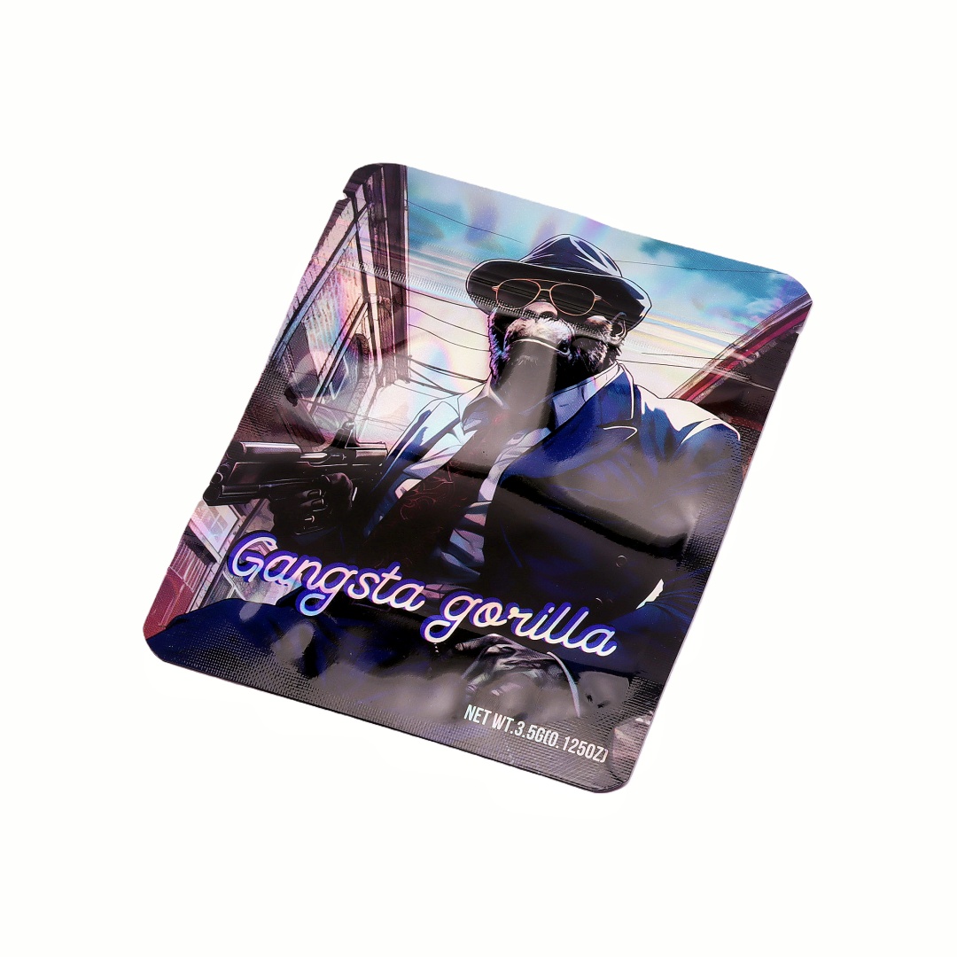 50/100Pack 3.5g Laser Holographic Gorilla Pattern PET Aluminum Coated Stand Up Zipper Pouch 3.5 Gram Gorilla Laser Film Mylar Bag PET Aluminum Foil Stand Up Zipper Pouch Resealable Zipper Pouch