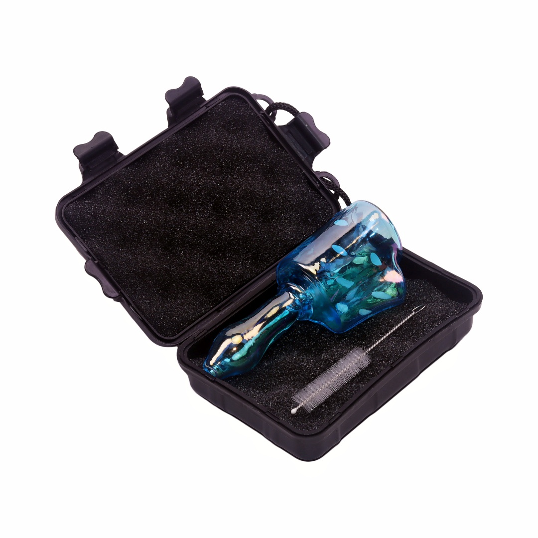 1 Pack of 4 Piece Glass Hand Pipe Set Skull Tobacco Pipe Iridescent Smoking Kit Portable Pipe Set with Case Cookie Grinder Complete Tobacco Accessory Set Glow Pipe