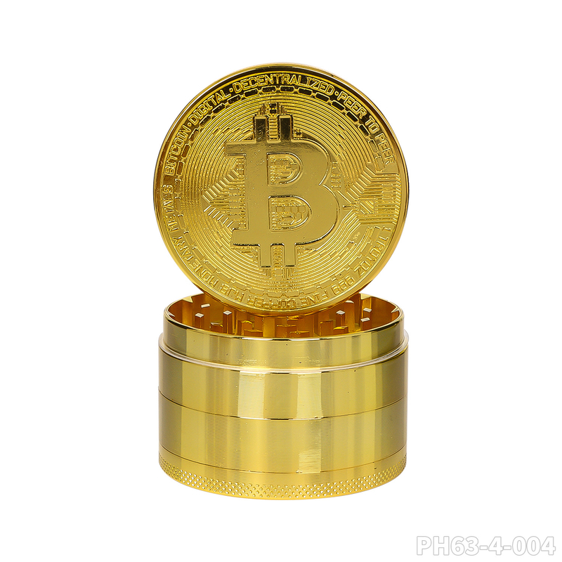 Wholesale BTC Coin Pattern Metal Tobacco Grinder customized 4-Layer Gold Zinc Alloy Metal