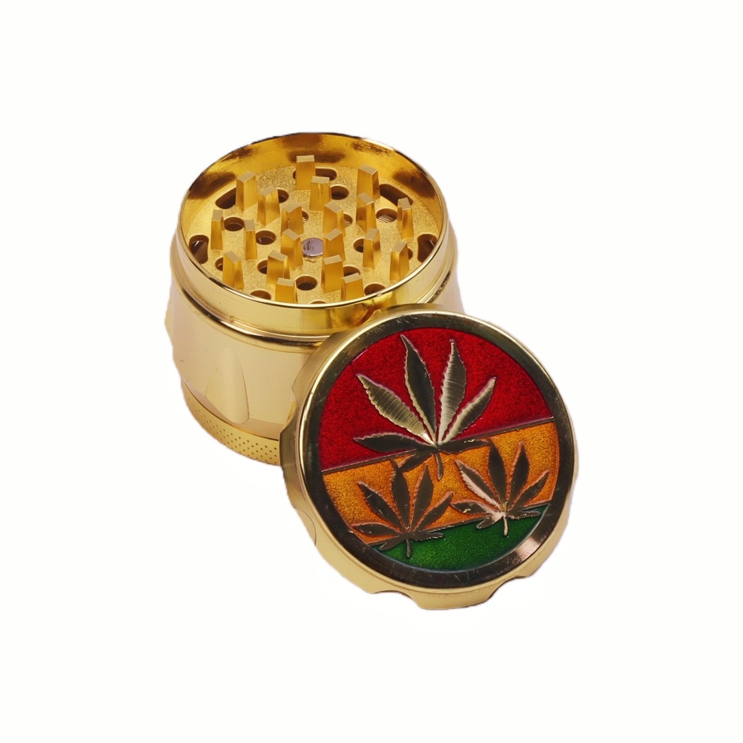 2" 4-Chamber Zinc Alloy Drum Grinder with Hemp Leaf Design Gold Drum Herb Grinder 4-Layer Colored Enamel Finish Cannabis Leaf Pattern 4-Piece Zinc Alloy Spice Crusher