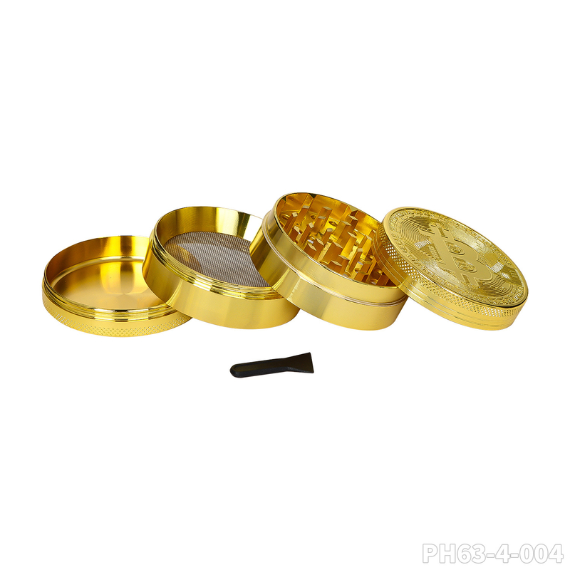 Wholesale BTC Coin Pattern Metal Tobacco Grinder customized 4-Layer Gold Zinc Alloy Metal