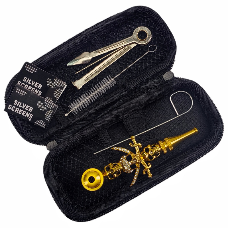 KT1005 Skull Design Rhinestone Pirate Metal Smoking Tobacco Pipe Smoking Accessories Kit 7 Pieces