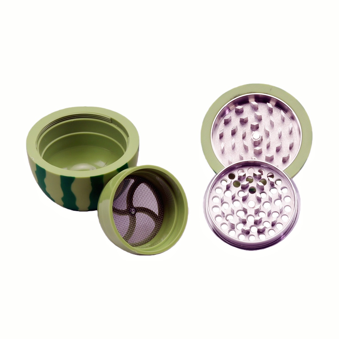 Watermelon-shaped Plastic Herb Grinder with Sharp Metal Teeth Hidden Screen Layer & Free Scraper Watermelon Design Spice Grinder Portable Plastic Herb Grinder