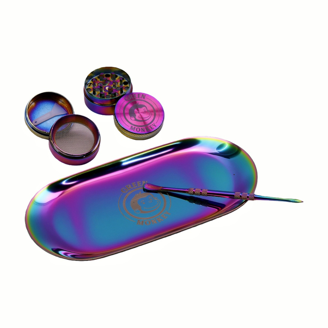 Green Monkey 1.6 Inch 4-layer Iridescent Herb Grinder Set with Metal Rolling Tray And Spoon Smoking Kit Colorful Iridescent Herb Grinder Metal Rolling Tray Spoon for Daily Use