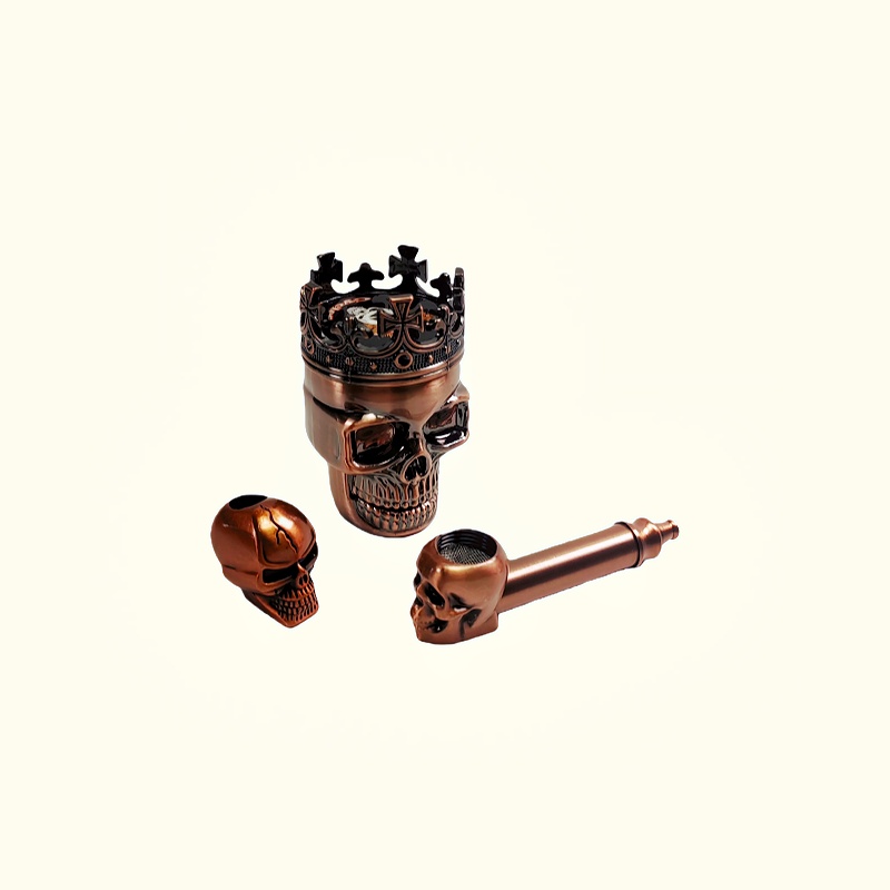 Bronze Skull Ginrder Crusher Kit With Skull Tobacco Pipe Skull Extiguisher Bundle Deal Package Deal For Cannabis