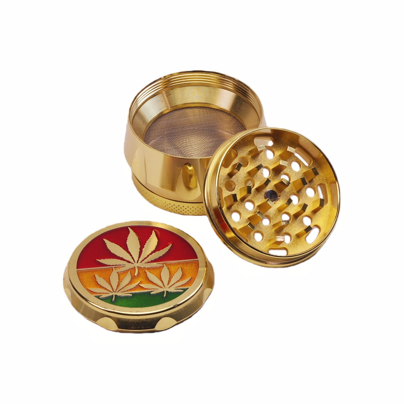 2" 4-Chamber Zinc Alloy Drum Grinder with Hemp Leaf Design Gold Drum Herb Grinder 4-Layer Colored Enamel Finish Cannabis Leaf Pattern 4-Piece Zinc Alloy Spice Crusher
