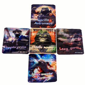 50/100Pack 3.5g Laser Holographic Gorilla Pattern PET Aluminum Coated Stand Up Zipper Pouch 3.5 Gram Gorilla Laser Film Mylar Bag PET Aluminum Foil Stand Up Zipper Pouch Resealable Zipper Pouch