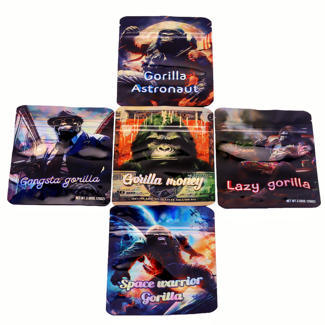 50/100Pack 3.5g Laser Holographic Gorilla Pattern PET Aluminum Coated Stand Up Zipper Pouch 3.5 Gram Gorilla Laser Film Mylar Bag PET Aluminum Foil Stand Up Zipper Pouch Resealable Zipper Pouch