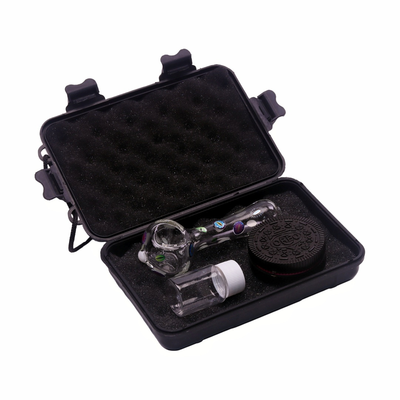 1 Pack of 4 Piece Portable Storage Jar Protective Case Oreo Grinder Premium Glow Eye Glass Tobacco Pipe Set For Travel