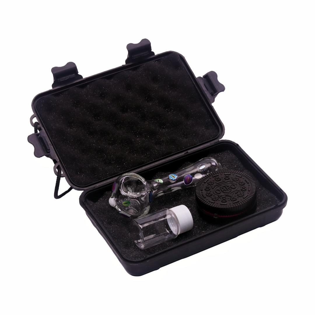 1 Pack of 4 Piece Portable Storage Jar Protective Case Oreo Grinder Premium Glow Eye Glass Tobacco Pipe Set For Travel