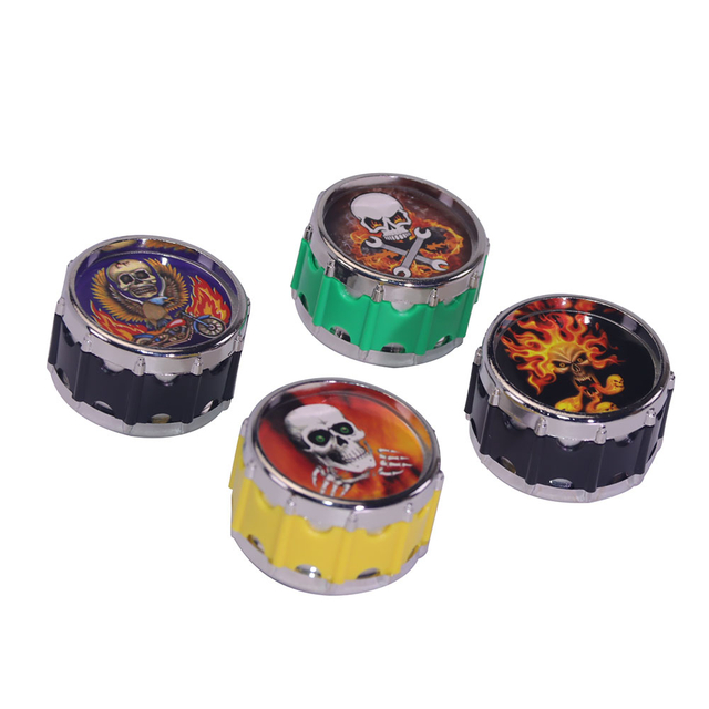 Novelty Drum Shape Herb Grinder 4-Piece Yellow Metal Tobacco Grinder with Skull Print Design Sharp Teeth Spice Grinder for Herbs & Spices