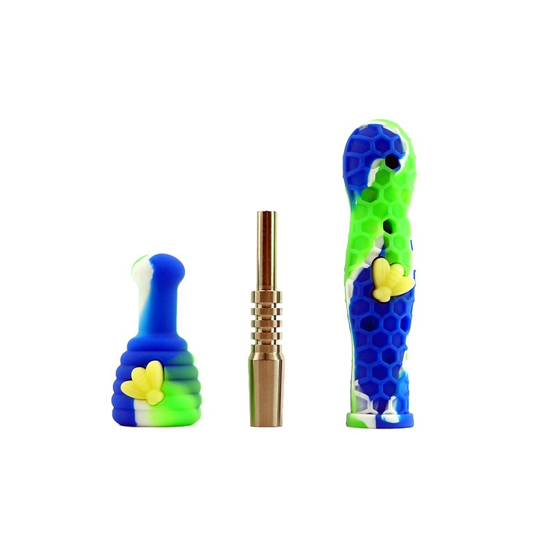 Portable Assorted Color Unbreakable Heat Resistant Non-Stick Bee & Honeycomb Silicone Nectar Collector Honey Straw Dab Straw Kit Wax Collector Kit