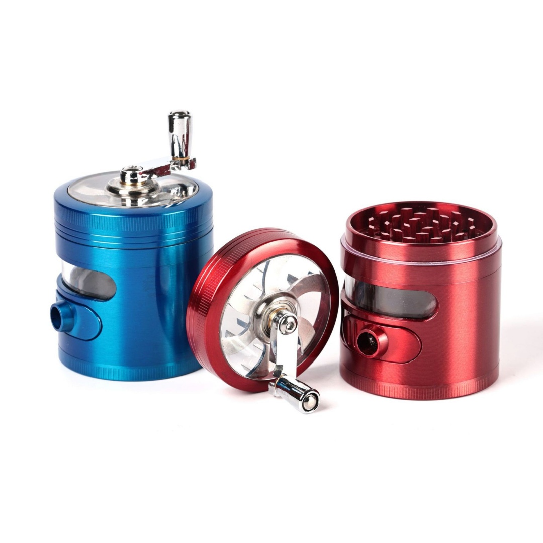 Premium 4-Piece CNC Zinc Herb Grinder with Hand Crank Handle See-Through Window & Side Dispenser Port 63mm Metal Spice & Herb Grinder for Dry Herbs Tobacco Spices