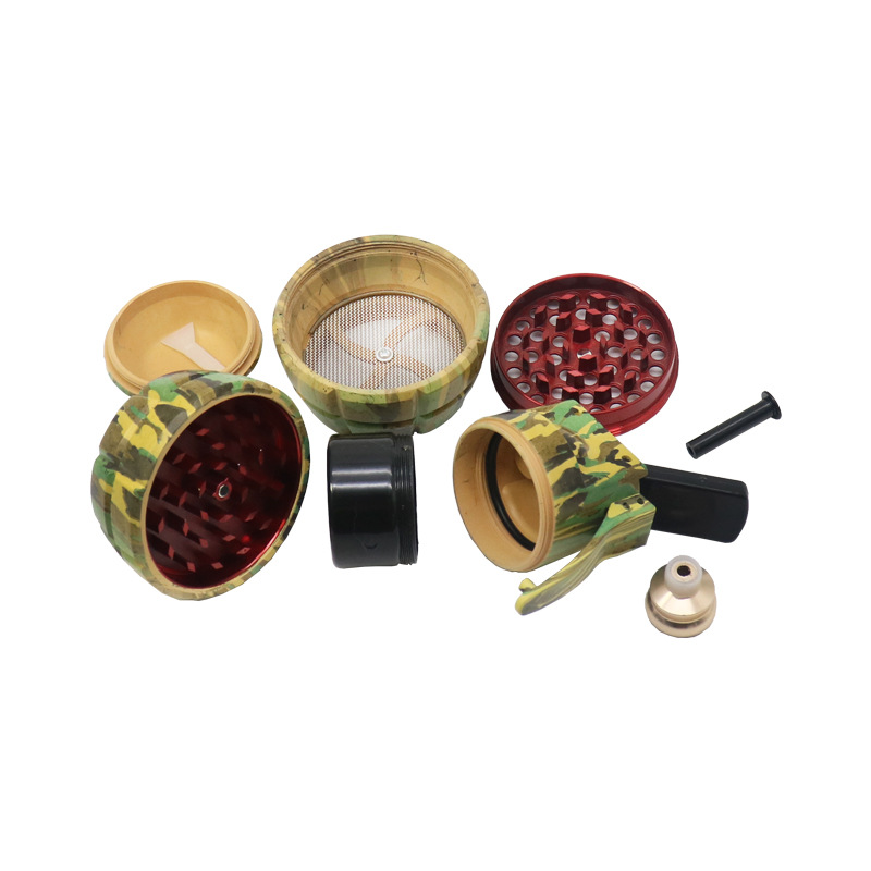 Grenade Shaped Herb Crusher with Built-in Pipe Compact Novelty Smoking Tool Military Style Herb Grinder Pipe Camouflage 2-in-1 Grinder Pipe